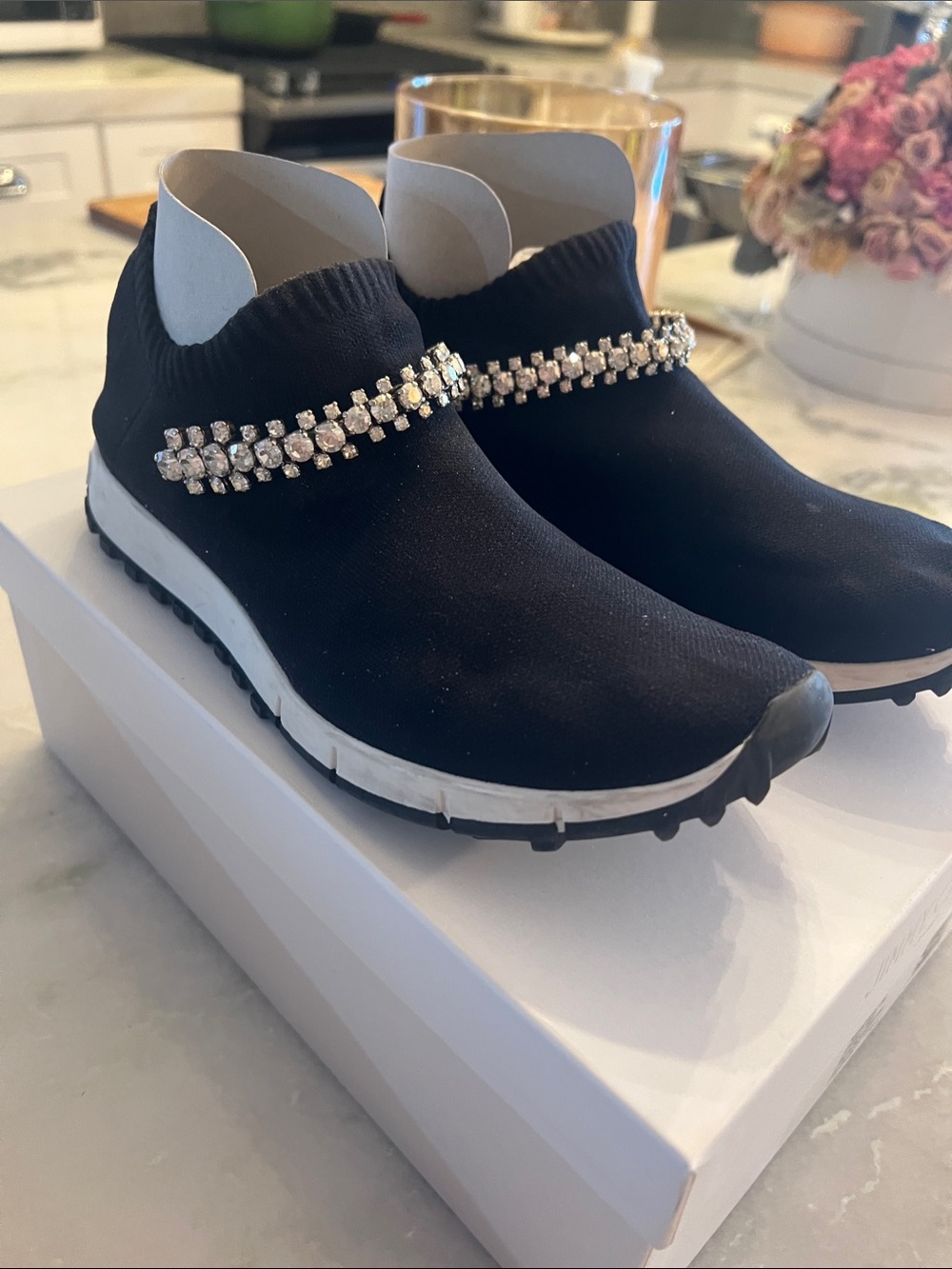 Jimmy Choo Black Knit Slip-On Sneakers with Crystal Embellishment